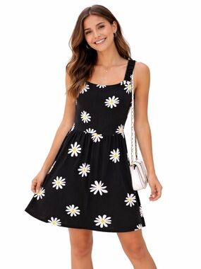 Black White Daisy Dress XL Sleeveless Fit Flare Skater Summer Casual Mini